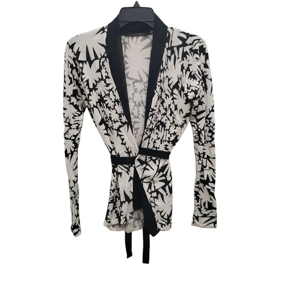 Cyrus Women's White Black Abstract Geo Print Chiffon Trim Tie‎ Knit Cardigan M - Picture 1 of 9